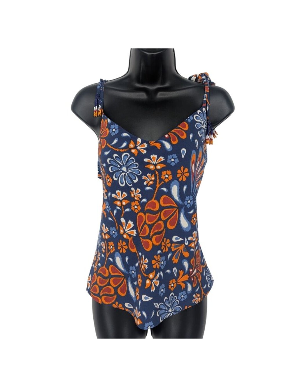 Boho Floral Tank Top Beaded Tie Straps Festival Hippie Resort Folk Artsy Medium